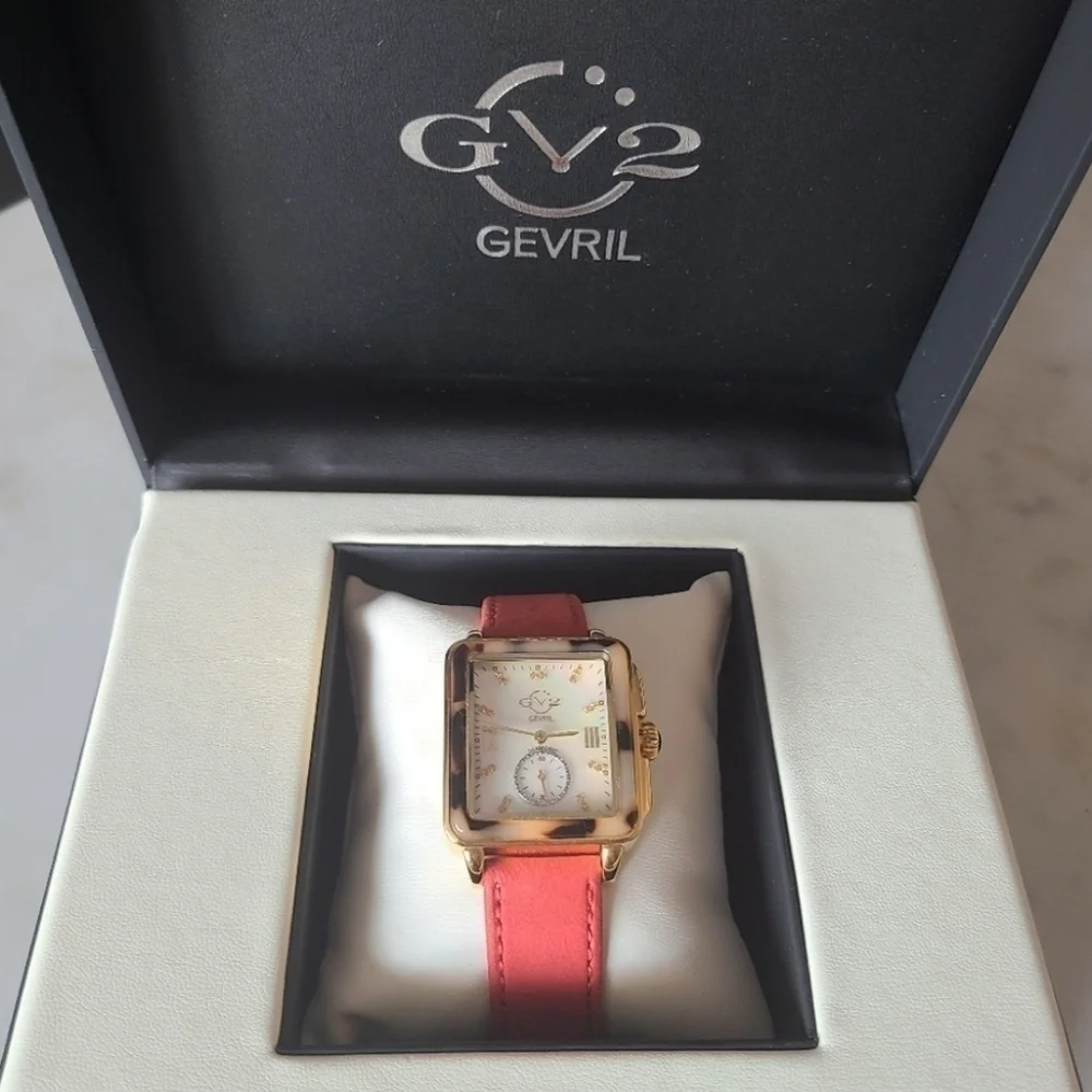 GV2 Gevril Bari Tortoise Diamond Watch, Red Suede Strap, NWT